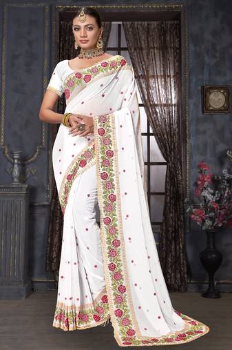 White heavy resham siroski stone work georgette designer saree