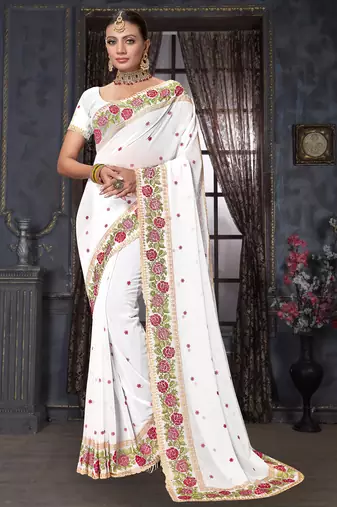 White heavy resham siroski stone work georgette designer saree