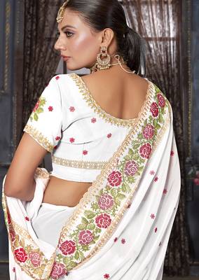 White heavy resham siroski stone work georgette designer saree 2