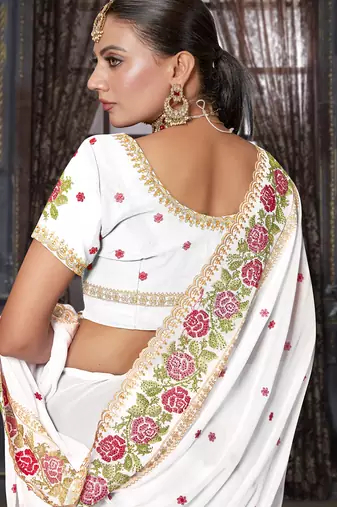 White heavy resham siroski stone work georgette designer saree