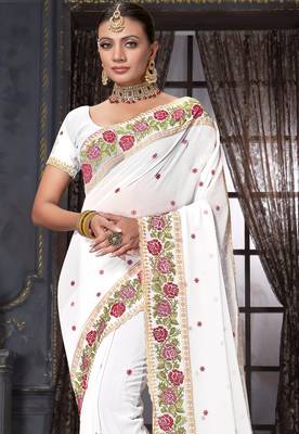 White heavy resham siroski stone work georgette designer saree 3