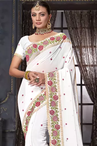 White heavy resham siroski stone work georgette designer saree