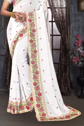 White heavy resham siroski stone work georgette designer saree
