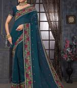 Teal blue heavy resham siroski stone work georgette designer saree