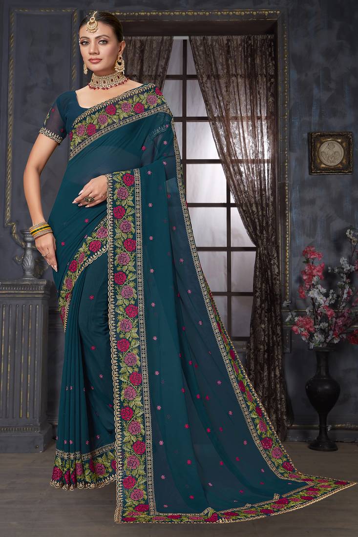 Teal blue heavy resham siroski stone work georgette designer saree