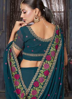 Teal blue heavy resham siroski stone work georgette designer saree 2