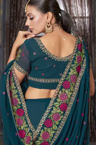 Teal blue heavy resham siroski stone work georgette designer saree