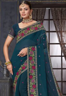 Teal blue heavy resham siroski stone work georgette designer saree 3