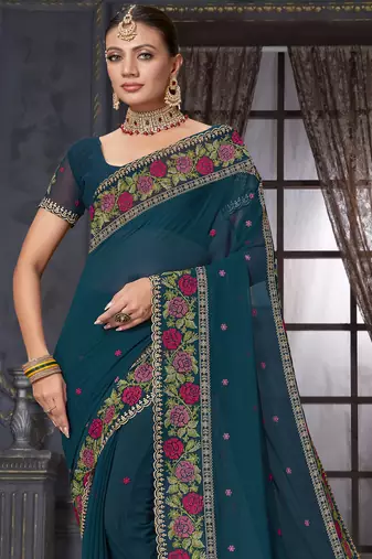 Teal blue heavy resham siroski stone work georgette designer saree