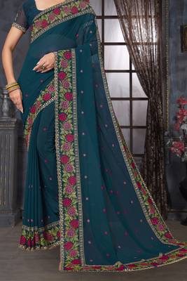 Teal blue heavy resham siroski stone work georgette designer saree 4