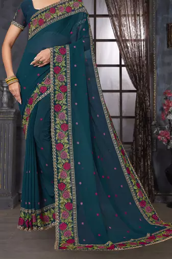 Teal blue heavy resham siroski stone work georgette designer saree