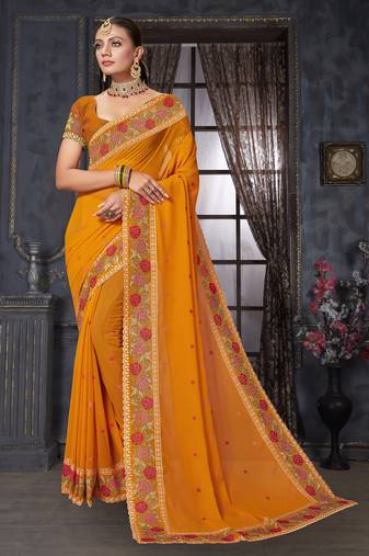Mustard heavy resham siroski stone work georgette designer saree