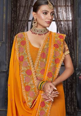 Mustard heavy resham siroski stone work georgette designer saree 2