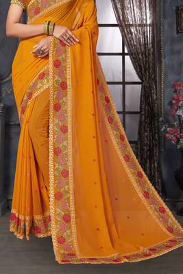 Mustard heavy resham siroski stone work georgette designer saree 4