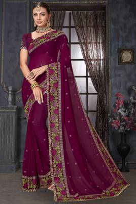Wine heavy resham siroski stone work georgette designer saree 1