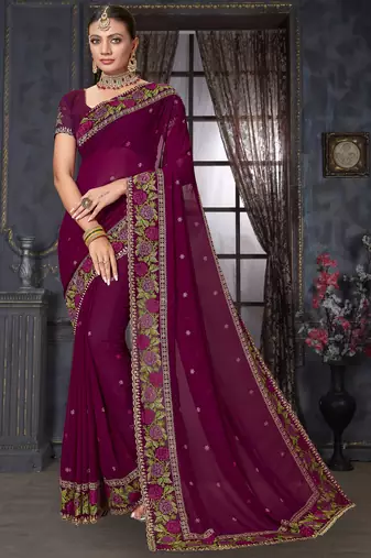 Wine heavy resham siroski stone work georgette designer saree