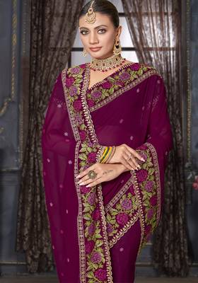 Wine heavy resham siroski stone work georgette designer saree 2