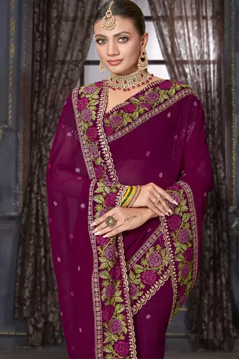 Wine heavy resham siroski stone work georgette designer saree