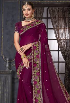 Wine heavy resham siroski stone work georgette designer saree 3