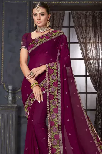 Wine heavy resham siroski stone work georgette designer saree