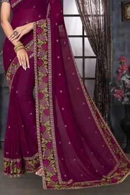 Wine heavy resham siroski stone work georgette designer saree 4