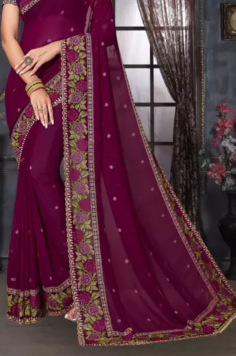 Wine heavy resham siroski stone work georgette designer saree