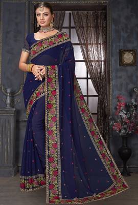 Navy blue heavy resham siroski stone work georgette designer saree 1