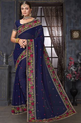 Navy blue heavy resham siroski stone work georgette designer saree