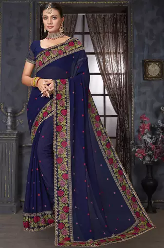 Navy blue heavy resham siroski stone work georgette designer saree
