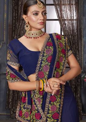 Navy blue heavy resham siroski stone work georgette designer saree 2
