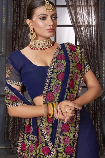 Navy blue heavy resham siroski stone work georgette designer saree