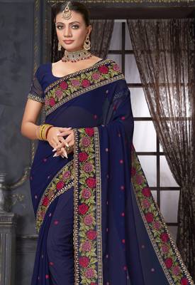 Navy blue heavy resham siroski stone work georgette designer saree 3
