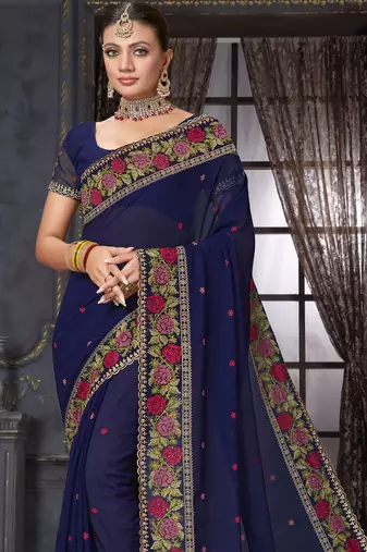 Navy blue heavy resham siroski stone work georgette designer saree