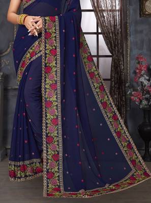 Navy blue heavy resham siroski stone work georgette designer saree 4
