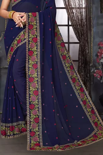 Navy blue heavy resham siroski stone work georgette designer saree