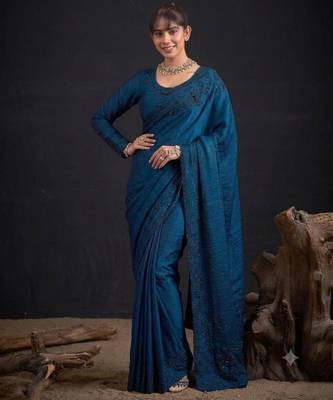 Blue satin embroidered saree 2