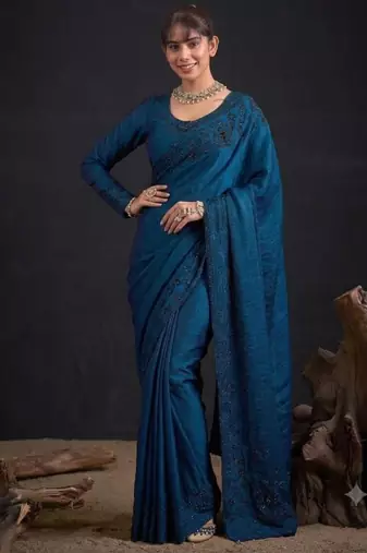 Blue satin embroidered saree