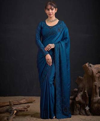 Blue satin embroidered saree 3