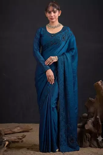 Blue satin embroidered saree