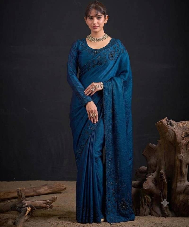 Blue satin embroidered saree