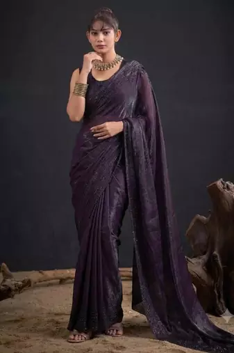 Purple satin embroidered saree