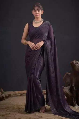 Purple satin embroidered saree