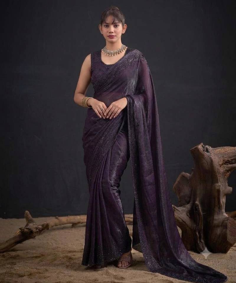 Purple satin embroidered saree