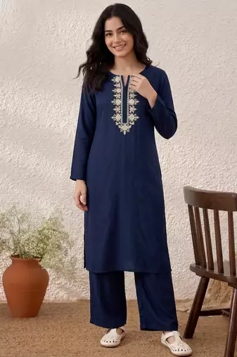 Blue embroidered rayon kurta set