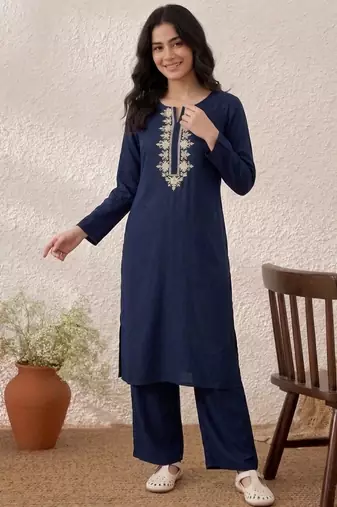 Blue embroidered rayon kurta set
