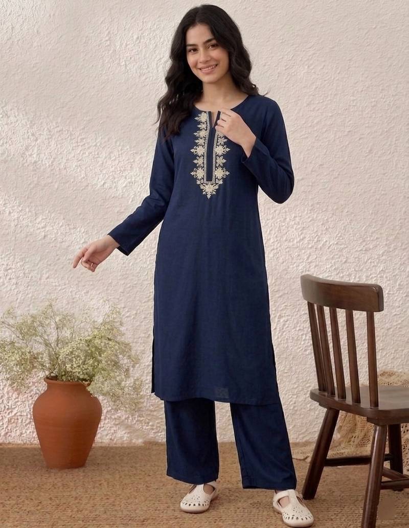 Blue embroidered rayon kurta set