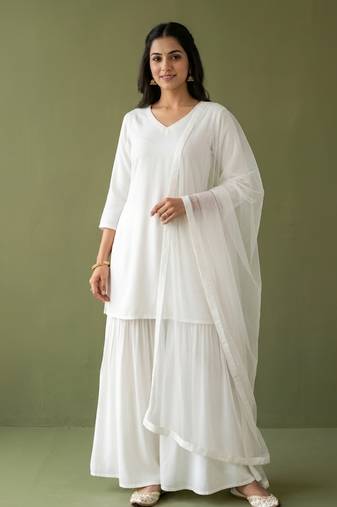 White rayon kurta set with dupatta