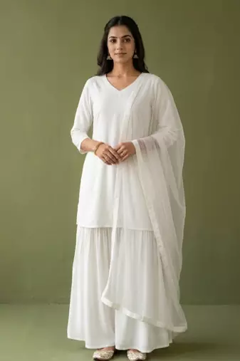 White rayon kurta set with dupatta