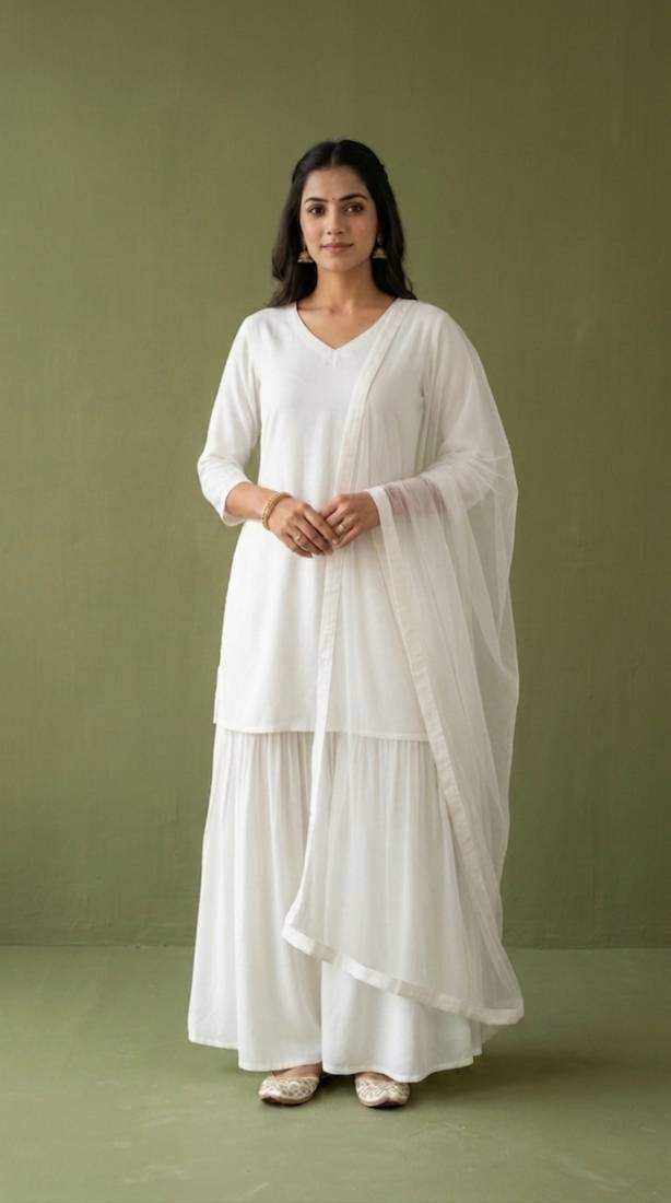 White rayon kurta set with dupatta