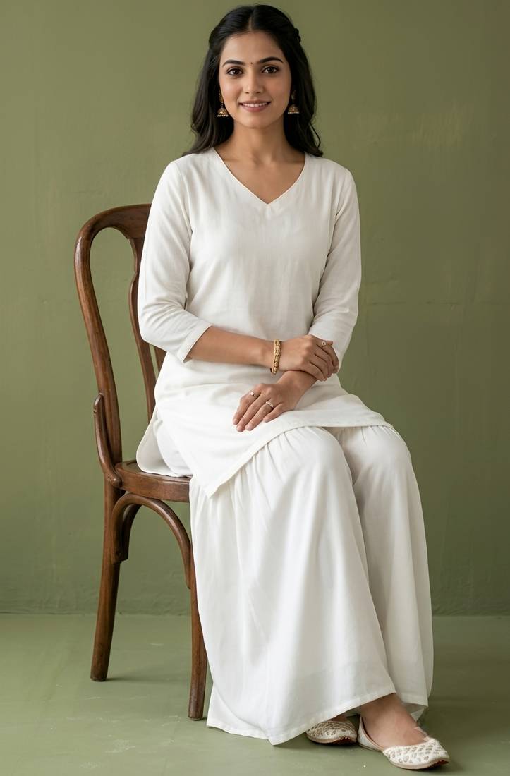 White rayon kurta set with dupatta